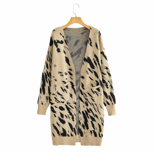 Damen Grobstrick-Cardigan mit modischem Leopardenmuster und praktischen Taschen R&B