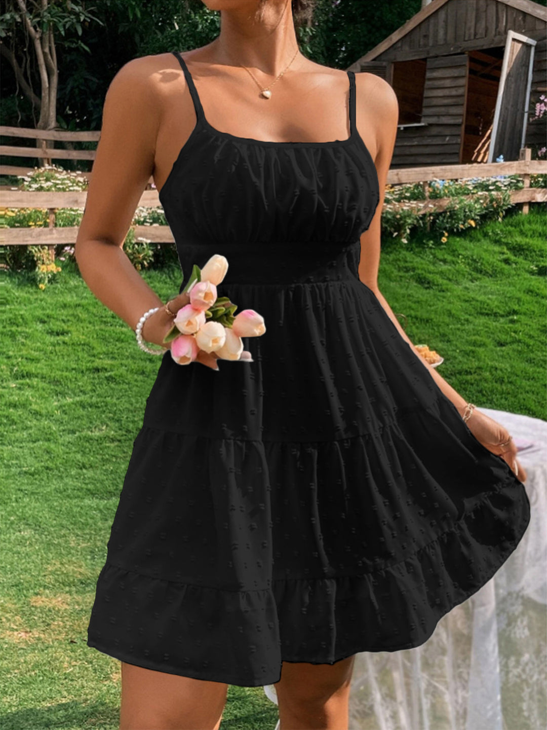 Damen Sommerkleid mit Rüschen und verstellbaren Spaghettiträgern R&B
