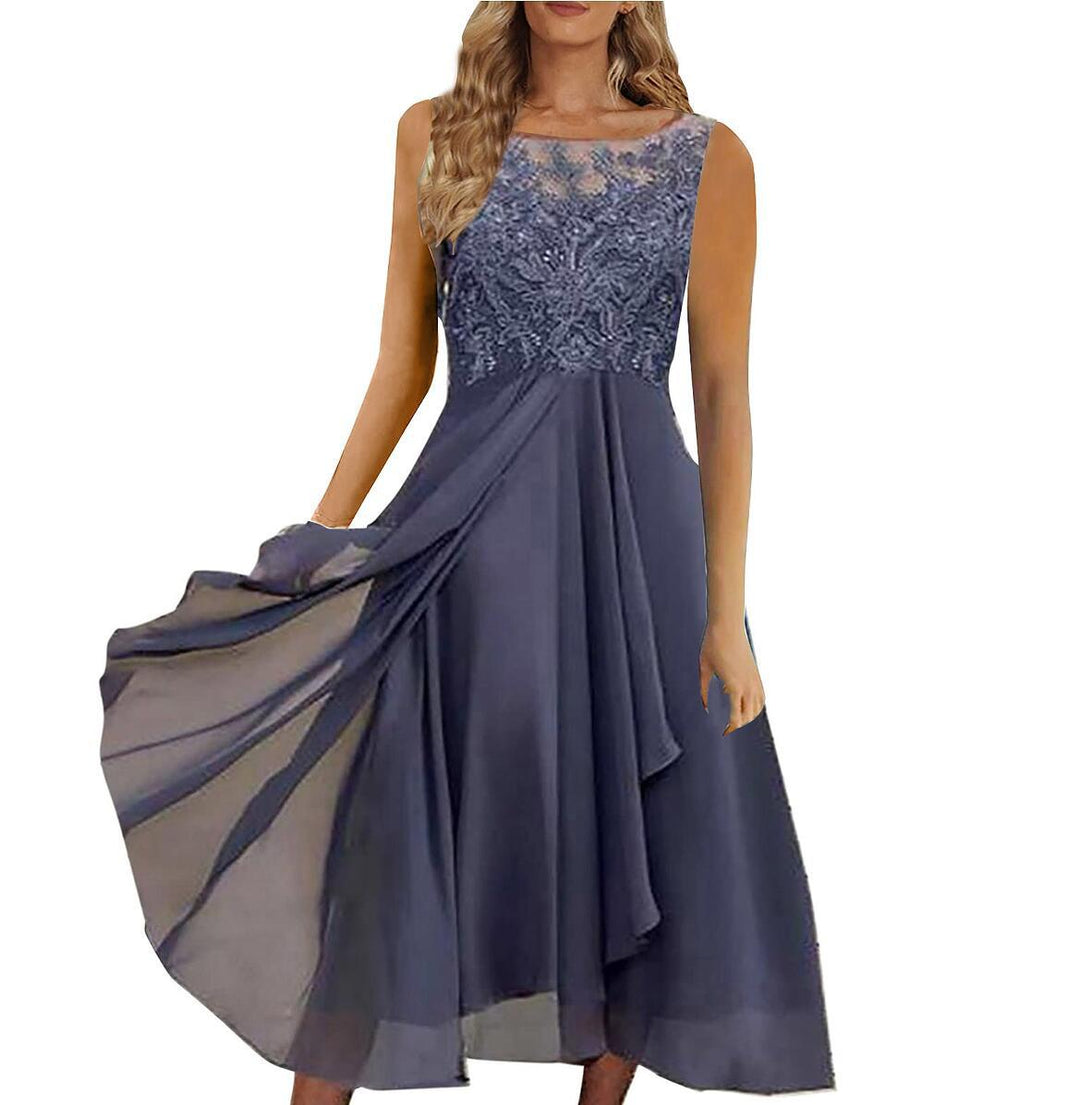 Damen nan ärmelloses Chiffon-Midikleid mit bestickter Illusionsspitze, Schiff-Ausschnitt und mehrlagigem Schwingrock R&B