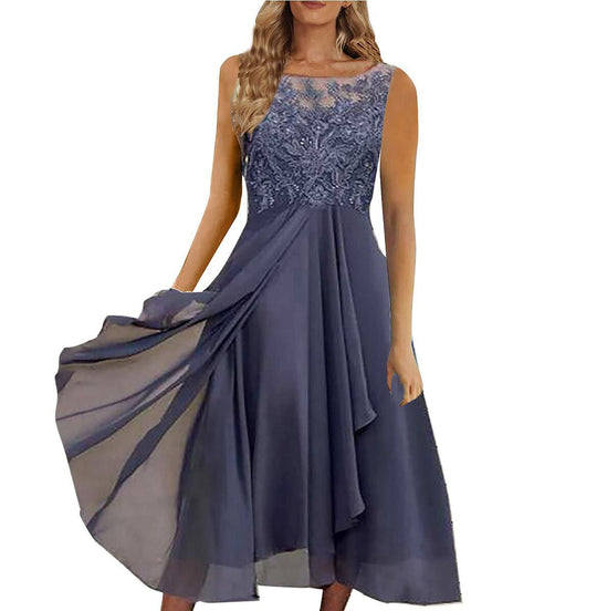 Damen nan ärmelloses Chiffon-Midikleid mit bestickter Illusionsspitze, Schiff-Ausschnitt und mehrlagigem Schwingrock R&B