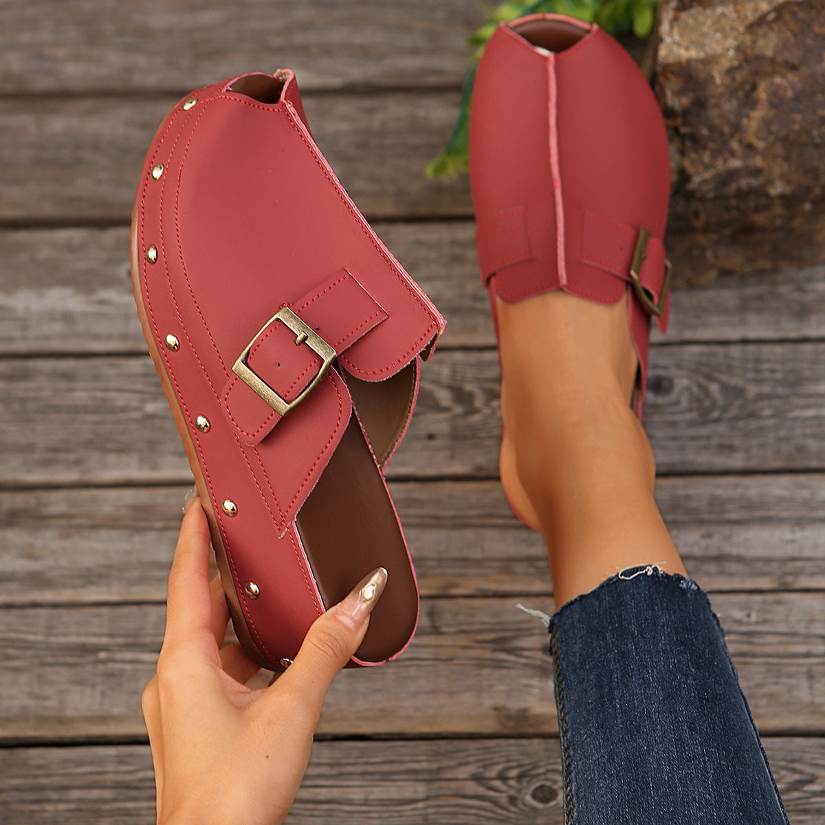 Damen Clogs mit modischem Schnallen-Design und trendiger Metallverzierung R&B