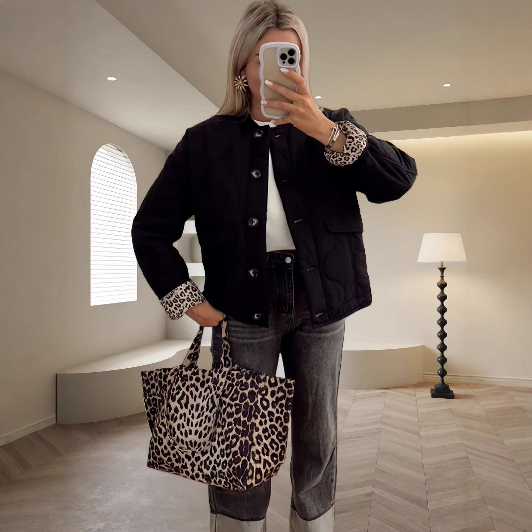 Damen gesteppte Leichtjacke mit trendigen Animal-Print-Ärmeln R&B