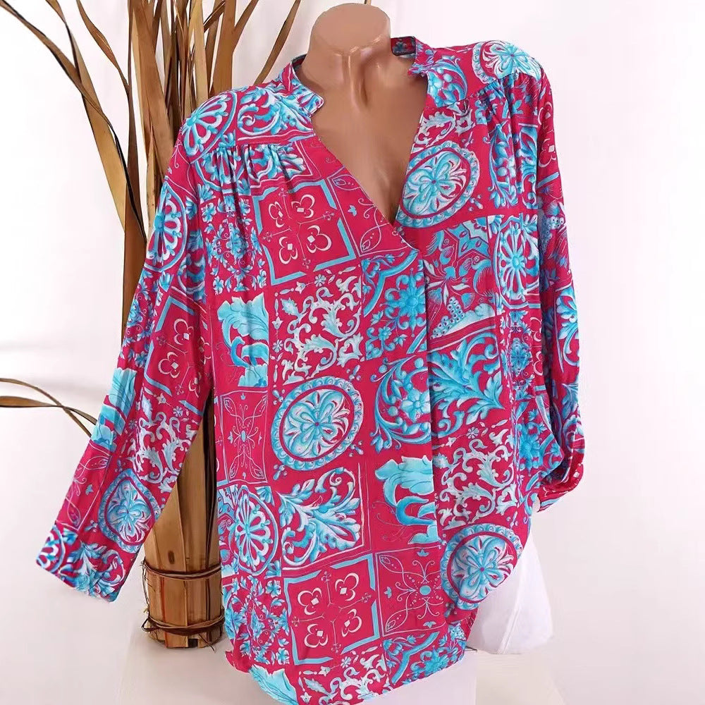 Damen nan Viskose-Tunika-Bluse mit V-Ausschnitt, Stehkragen und gerafften Schultern R&B