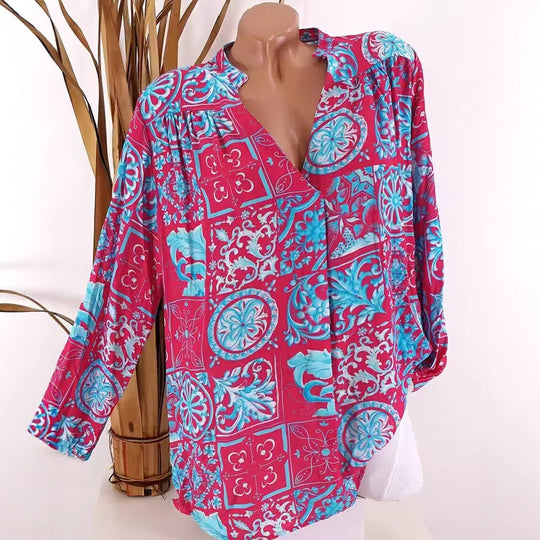 Damen nan Viskose-Tunika-Bluse mit V-Ausschnitt, Stehkragen und gerafften Schultern R&B