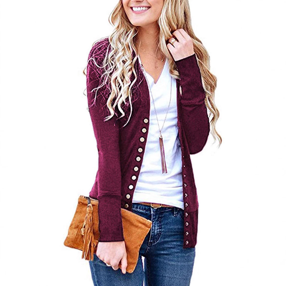Damen nan Feinstrick-Cardigan mit dekorativen Metallknöpfen und schmaler Silhouette R&B