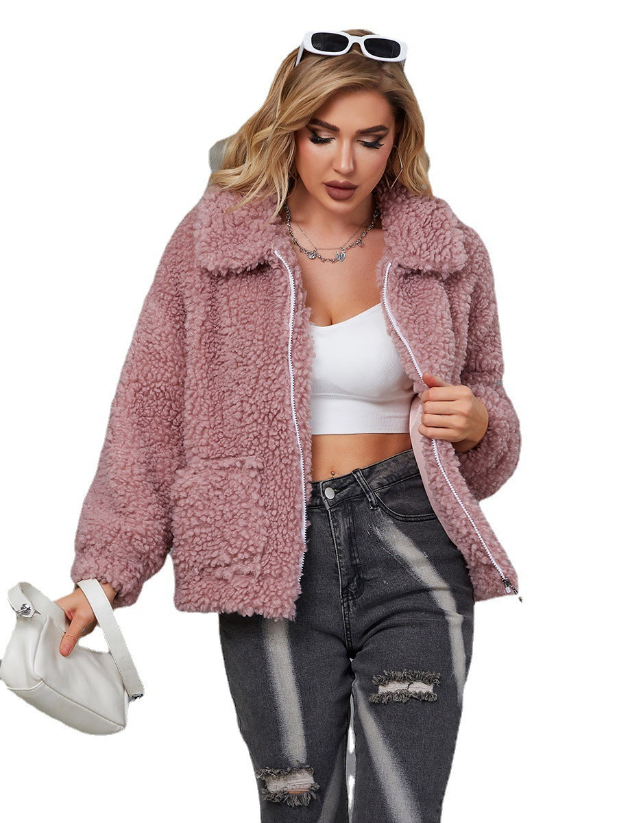 Damen Kuschelige Teddyjacke mit breitem Kragen und seitlichen Taschen R&B