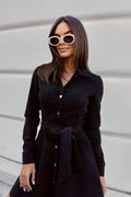 Damen elegantes Hemdblusenkleid mit Taillengürtel und dekorativen Knopfdetails R&B
