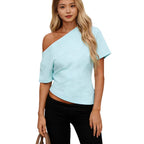 Damen asymmetrisches Oberteil mit schulterfreiem Design und kurzen Ärmeln R&B