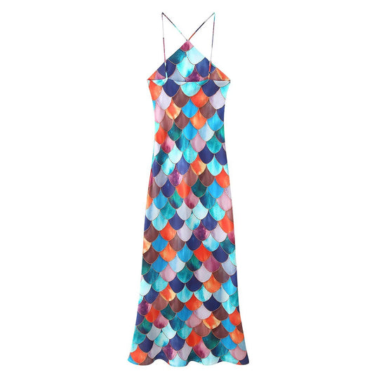 Damen Maxikleid aus fließendem Chiffon mit maritimem Schuppenmuster R&B
