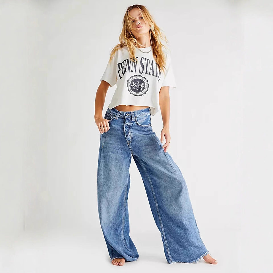 Damen Weite High-Waist Jeans mit fransigem Saum