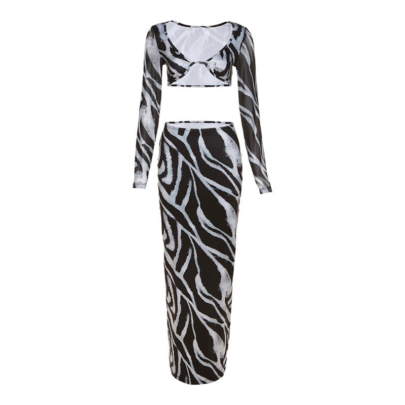 Damen Elegant gestreiftes Crop-Top und Maxi-Rock Set R&B