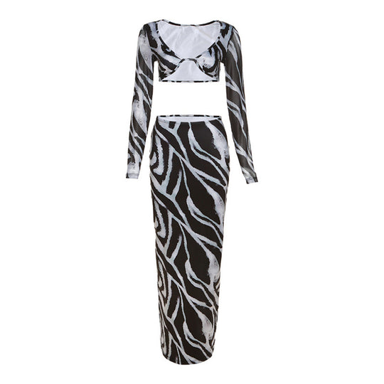 Damen Elegant gestreiftes Crop-Top und Maxi-Rock Set R&B