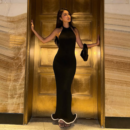 Damen figurbetontes Maxikleid mit asymmetrischem Ausschnitt und elegantem Schlitz R&B