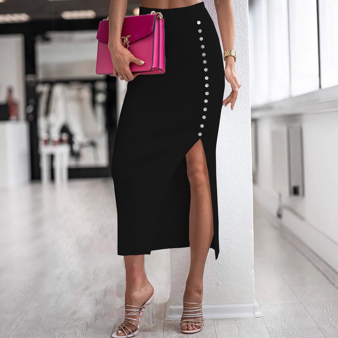 Damen Eleganter Strickrock mit Knopfdetail und Schlitz R&B