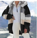 Damen Modische und warme Fleecejacke mit Kapuze und blockartigem Design R&B