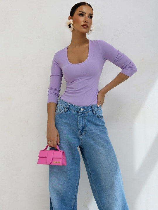 Damen figurbetontes Langarmshirt mit tiefem Ausschnitt R&B