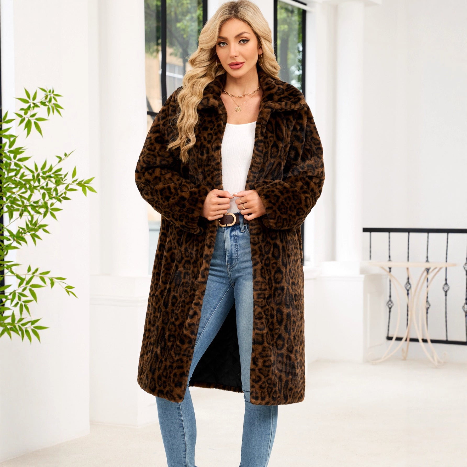 Damen Modischer Kunstpelzmantel mit Leopardenmuster R&B