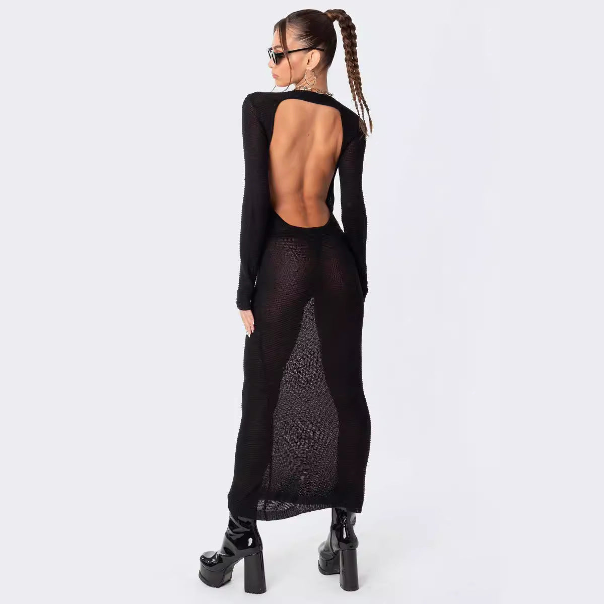 Damen elegantes Strick-Maxikleid mit Schnittdetails und stilvollem Ärmel R&B