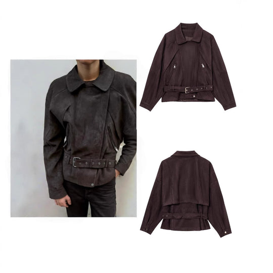 Damen Elegante Wildlederjacke mit modischen Schnallen und praktischen Taschen R&B