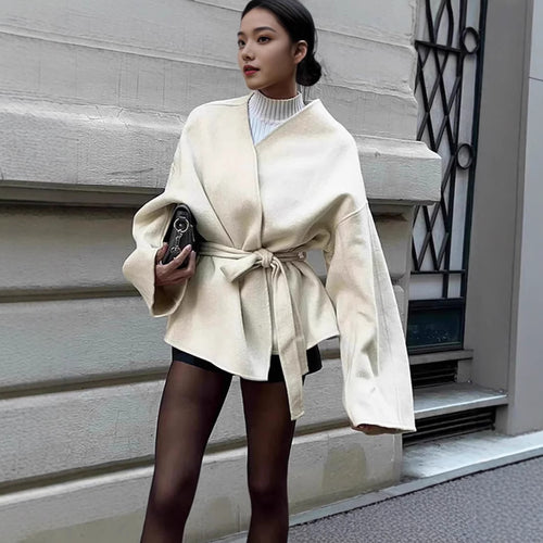 Damen Modejacke mit Taillengürtel und weitem Schnitt R&B