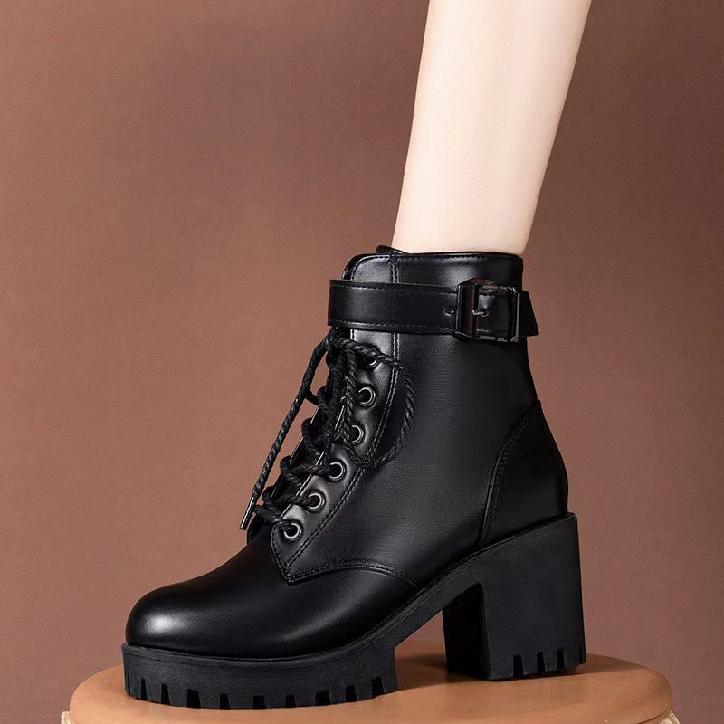 Damen nan Plateau-Schnürstiefelette aus Kunstleder mit profilierter Gummisohle und verstellbarem Schnallenriemen R&B