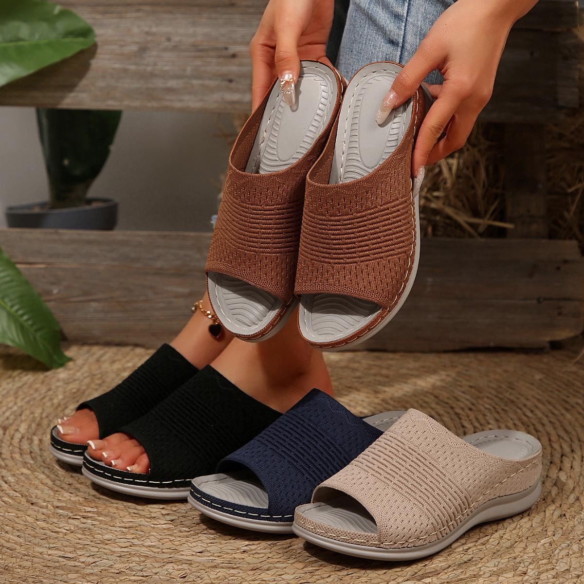 Damen Komfortable Riemenpantoletten mit elastischem Obermaterial und ergonomischer Fußbett
