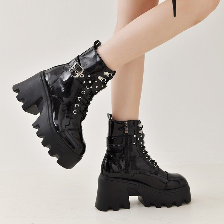 Damen Chunky Stiefel mit modischen Schnallen und robustem Plateau-Heel R&B