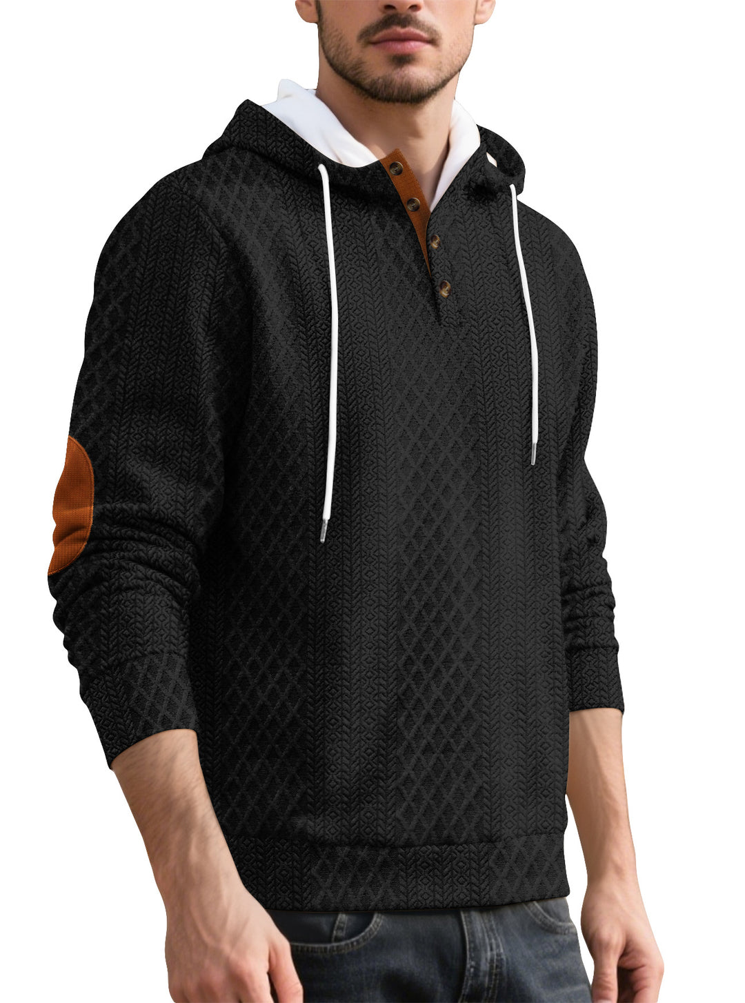 Herren nan Diamond-Struktur Kapuzenpullover mit Kurzknopfleiste, gesteppter Kapuzeninnenkante und Wildleder-Ellbogenpatch R&B