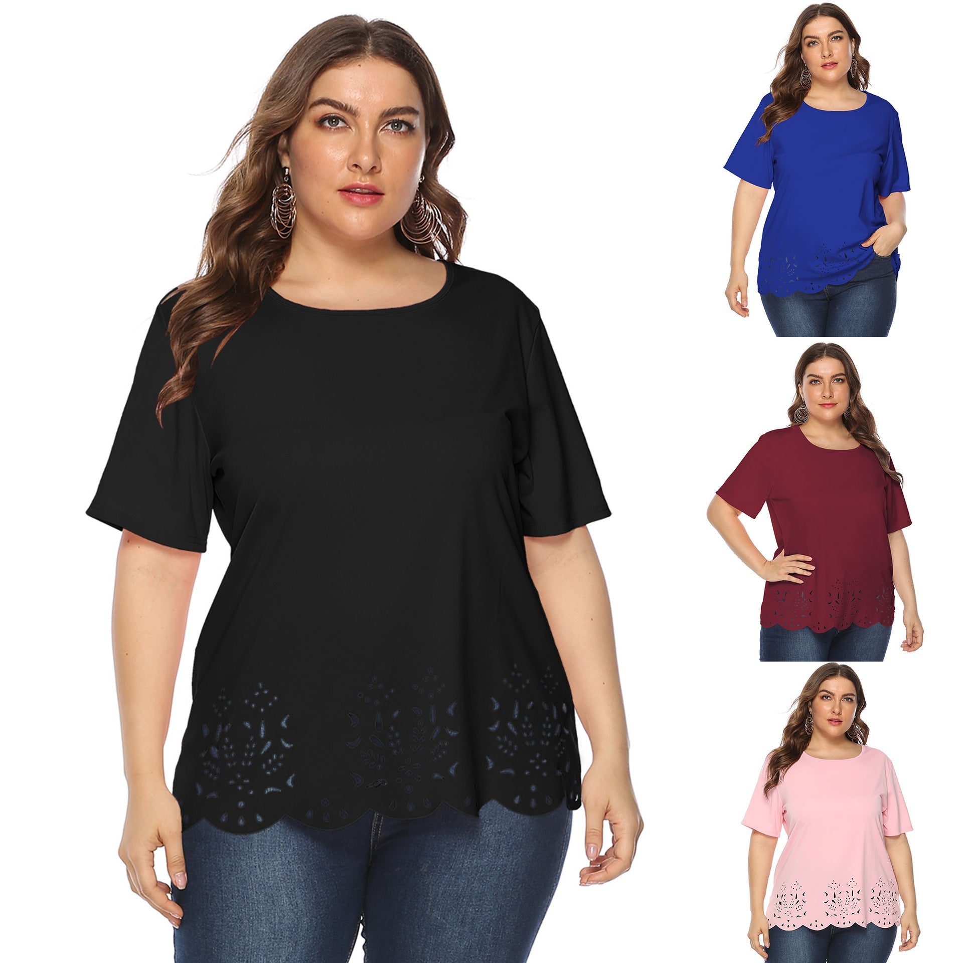 Damen luftiges Oberteil mit floralem Lochmuster R&B