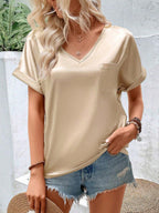 Damen Satin V-Ausschnitt T-Shirt mit Brusttasche und Lässigem Schnitt R&B