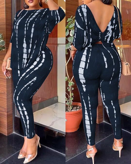 Damen Lässiges Kombinationsoutfit mit abstraktem Muster und überschnittenen Ärmeln R&B
