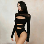 Damen Langarm Bodysuit mit raffiniertem Cut-Out-Design und elegantem Stehkragen R&B