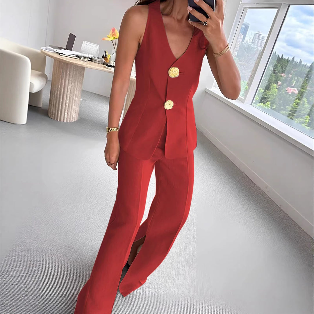 Damen elegantes Jumpsuit mit vordere Knopfleiste und weitem Bein R&B