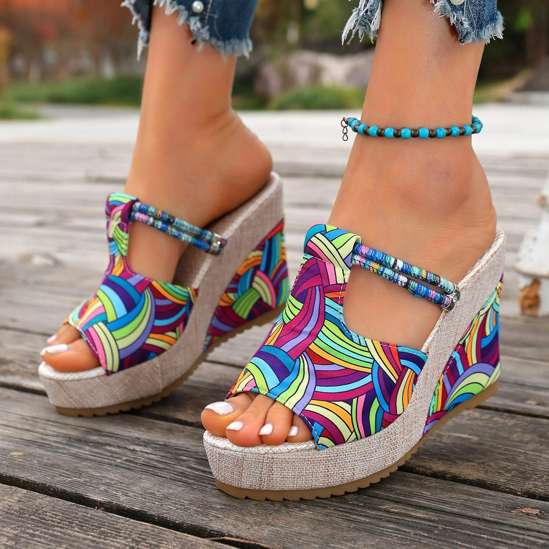 Damen modische Wedge-Sandalen mit buntem Mustermix und bequemer Sohle R&B