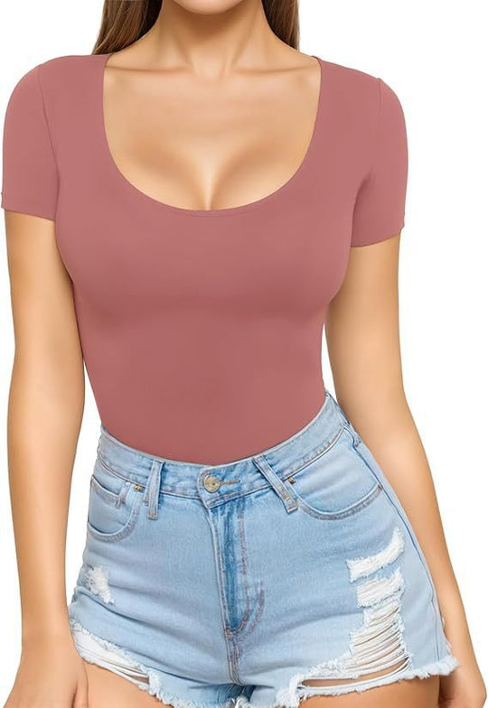 Damen figurbetontes Kurzarm-Body mit rundem Ausschnitt und nahtlosem Design R&B