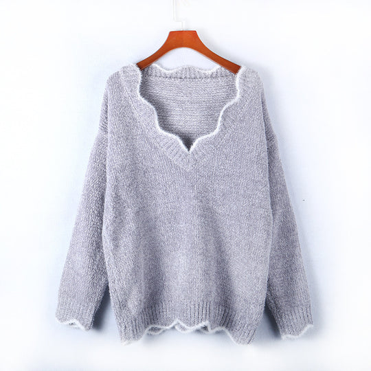 Damen lässiger Strickpullover mit weitem V-Ausschnitt und asymmetrischem Saum R&B