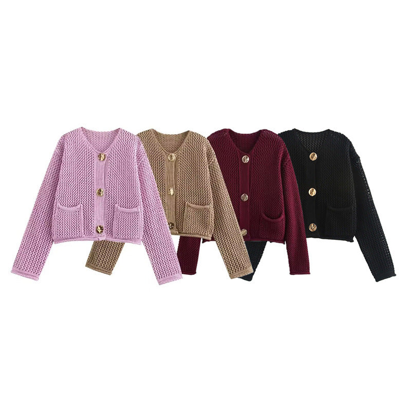 Damen Modische Strickjacke mit dekorativem Häkelmuster R&B