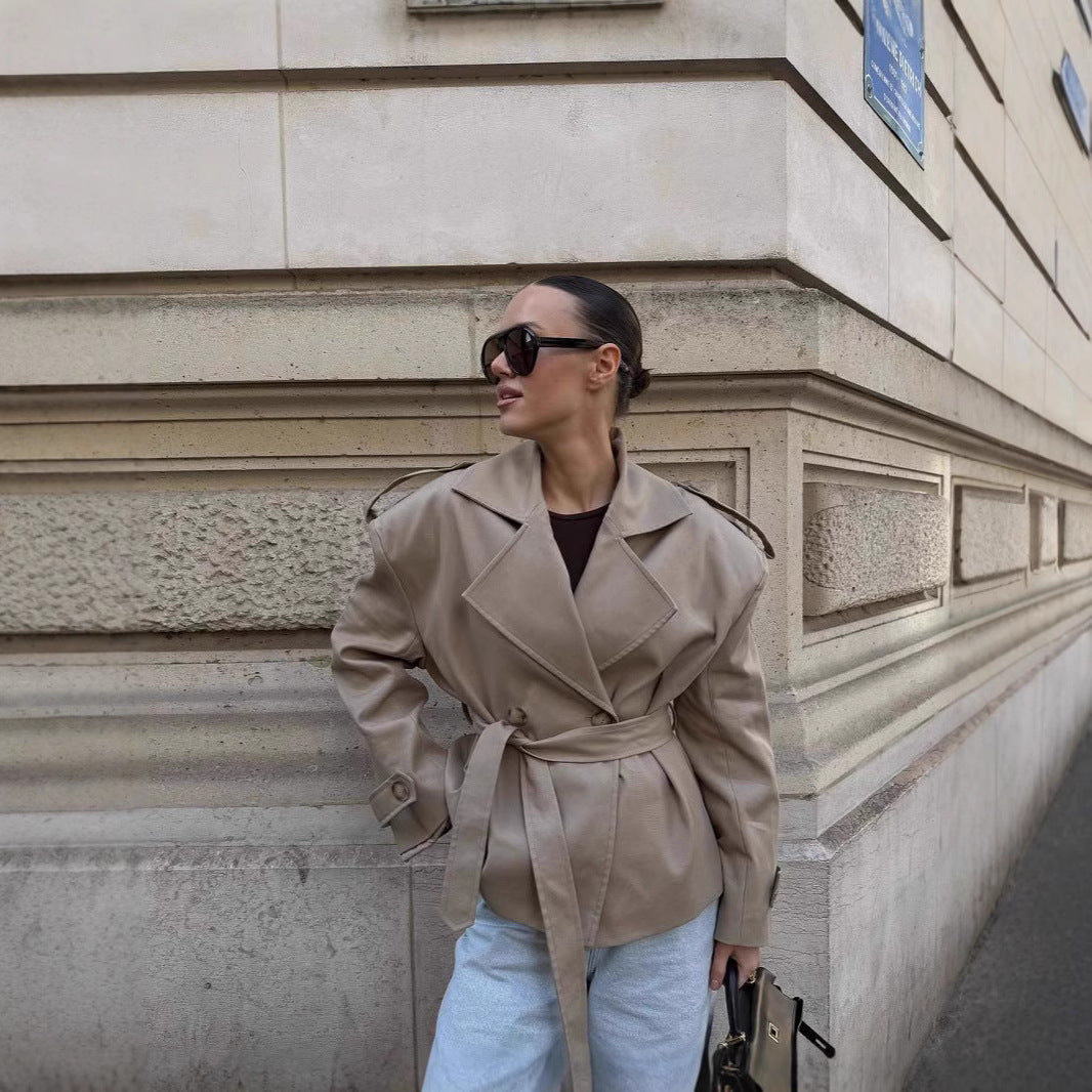 Damen Trenchcoat mit breiten Schultern und Taillengürtel R&B