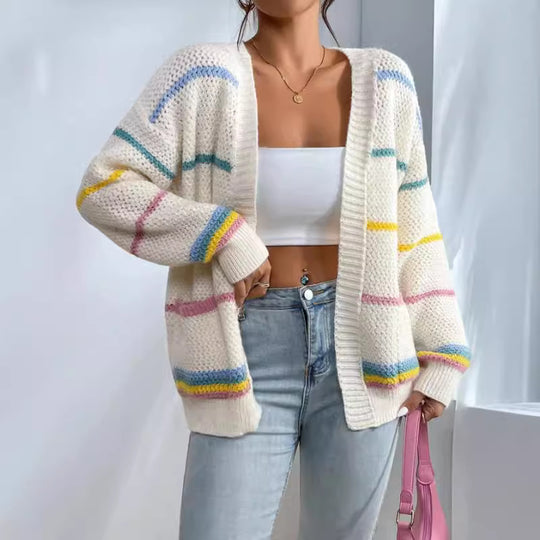 Damen gemütlicher Strickcardigan mit bunten Streifen R&B