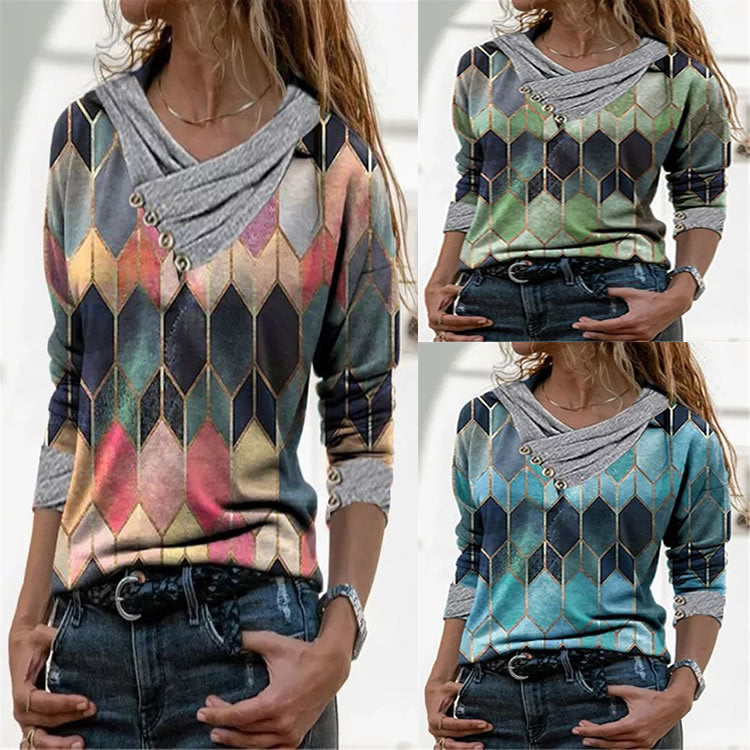 Damen modisches Langarmshirt mit V-Ausschnitt und dekorativen Knopfdetails R&B
