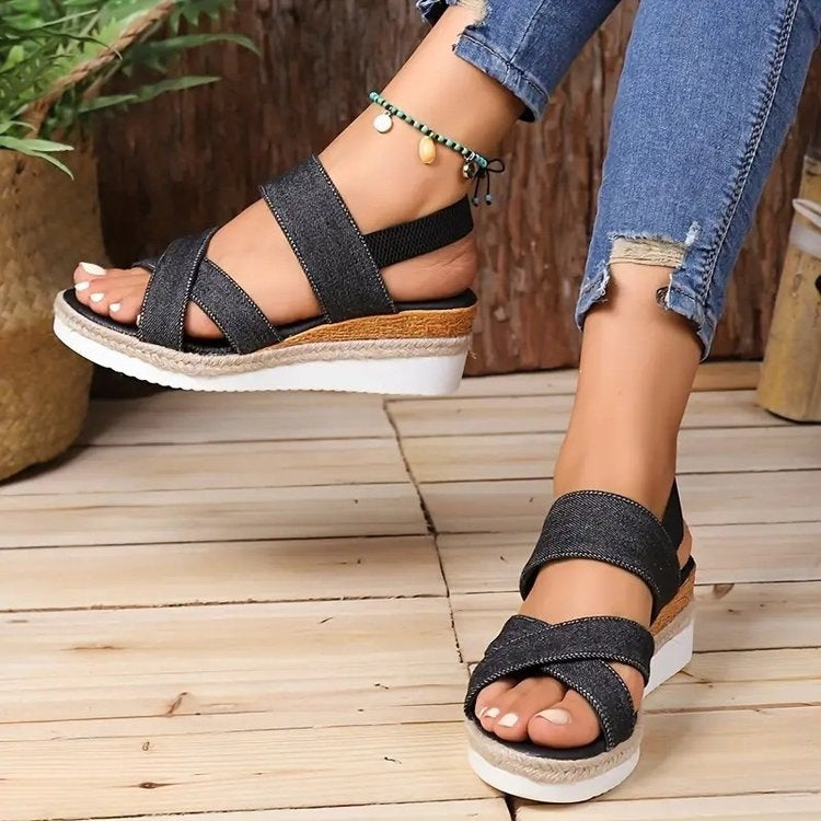 Damen Wedge-Sandalen mit elastischen Riemen und komfortablem Fußbett R&B