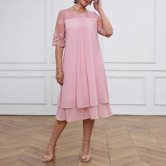 Damen nan A-Linien-Chiffonkleid mit floral bestickter Spitzenpasse, verdeckter Mittelnahtfalte und mehrlagigem Volant R&B