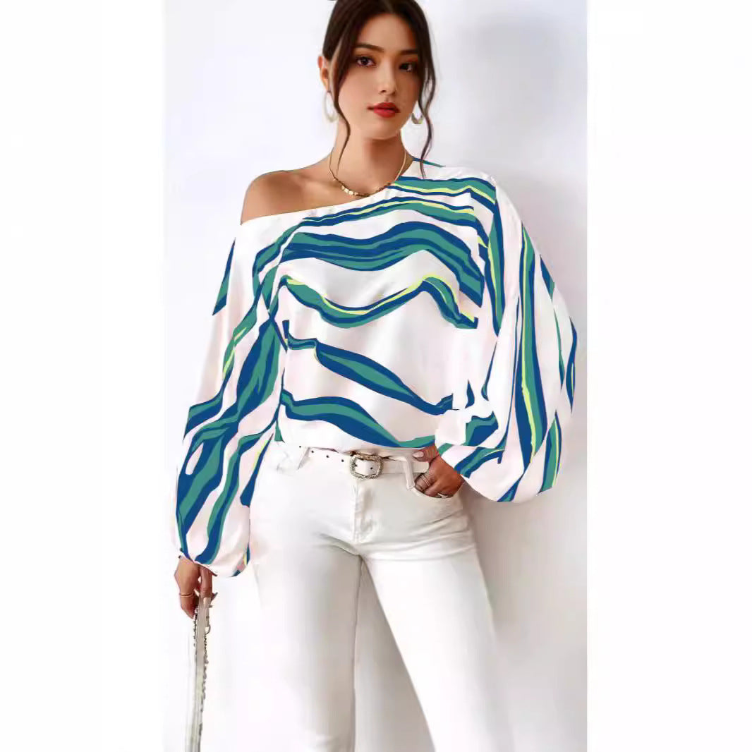 Damen Off-Shoulder Bluse mit voluminösen Ärmeln und maritimem Wellenmuster R&B