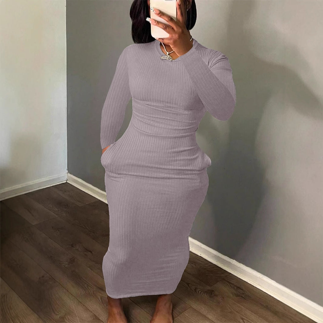 Damen Figurbetontes Rippkleid mit langem Arm und eleganter Silhouette R&B
