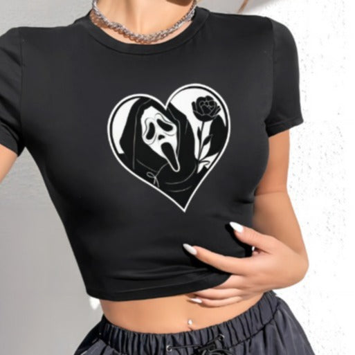 Damen Crop-T-Shirt mit kreativem Schriftzug und figurbetontem Schnitt R&B