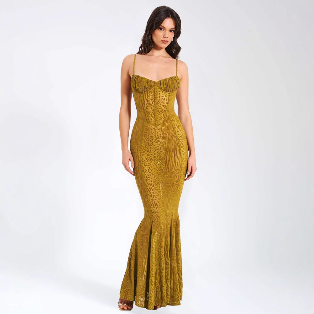 Damen Elegantes Abendkleid aus transparenter Spitze mit Leo-Muster R&B