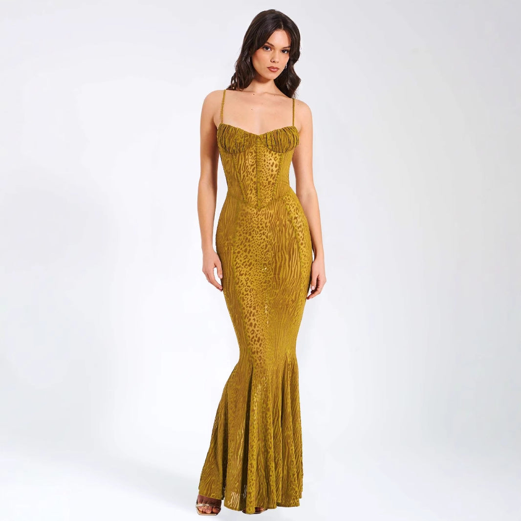 Damen Elegantes Abendkleid aus transparenter Spitze mit Leo-Muster R&B