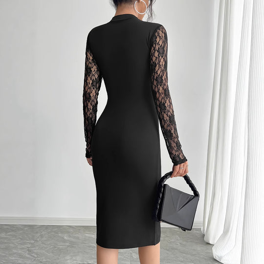 Damen nan elegantes Etuikleid mit Spitzenärmeln, transparentem Tailleneinsatz und hohem Seitenschlitz R&B