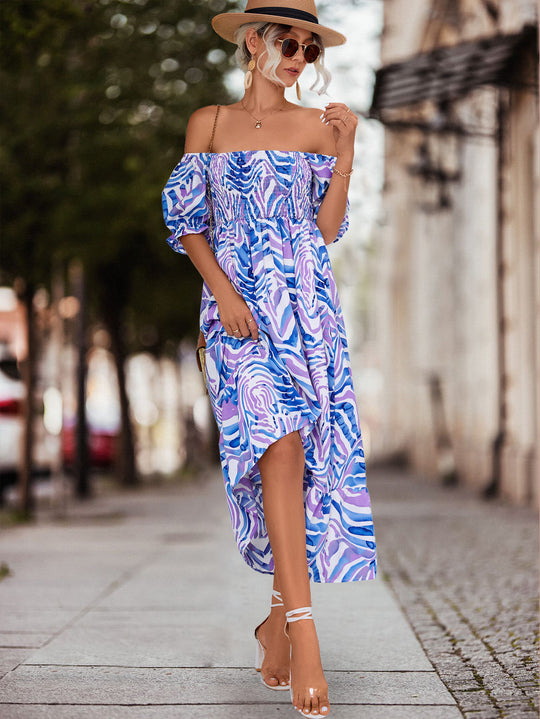 Damen Off-Shoulder Maxikleid mit floralen Akzenten und elastischer Taillierung R&B