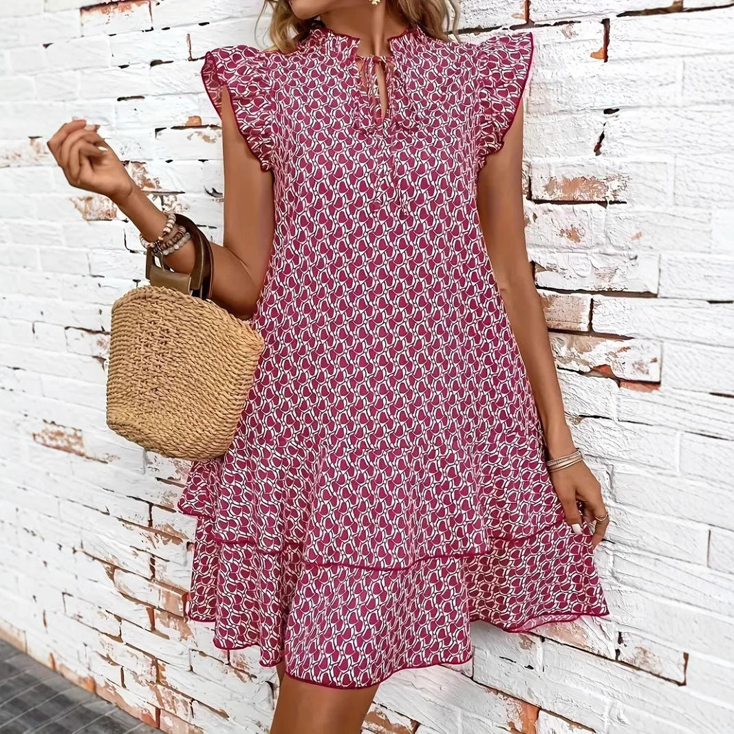 Damen Leichtes Boho-Kleid mit Rüschendetails und hochgeschlossenem Kragen R&B